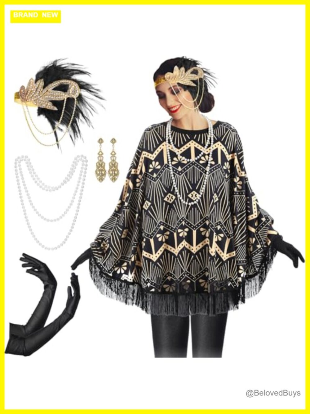 1920s Flapper Costume Accessory Set Poncho Earrings Headband Necklace Gloves